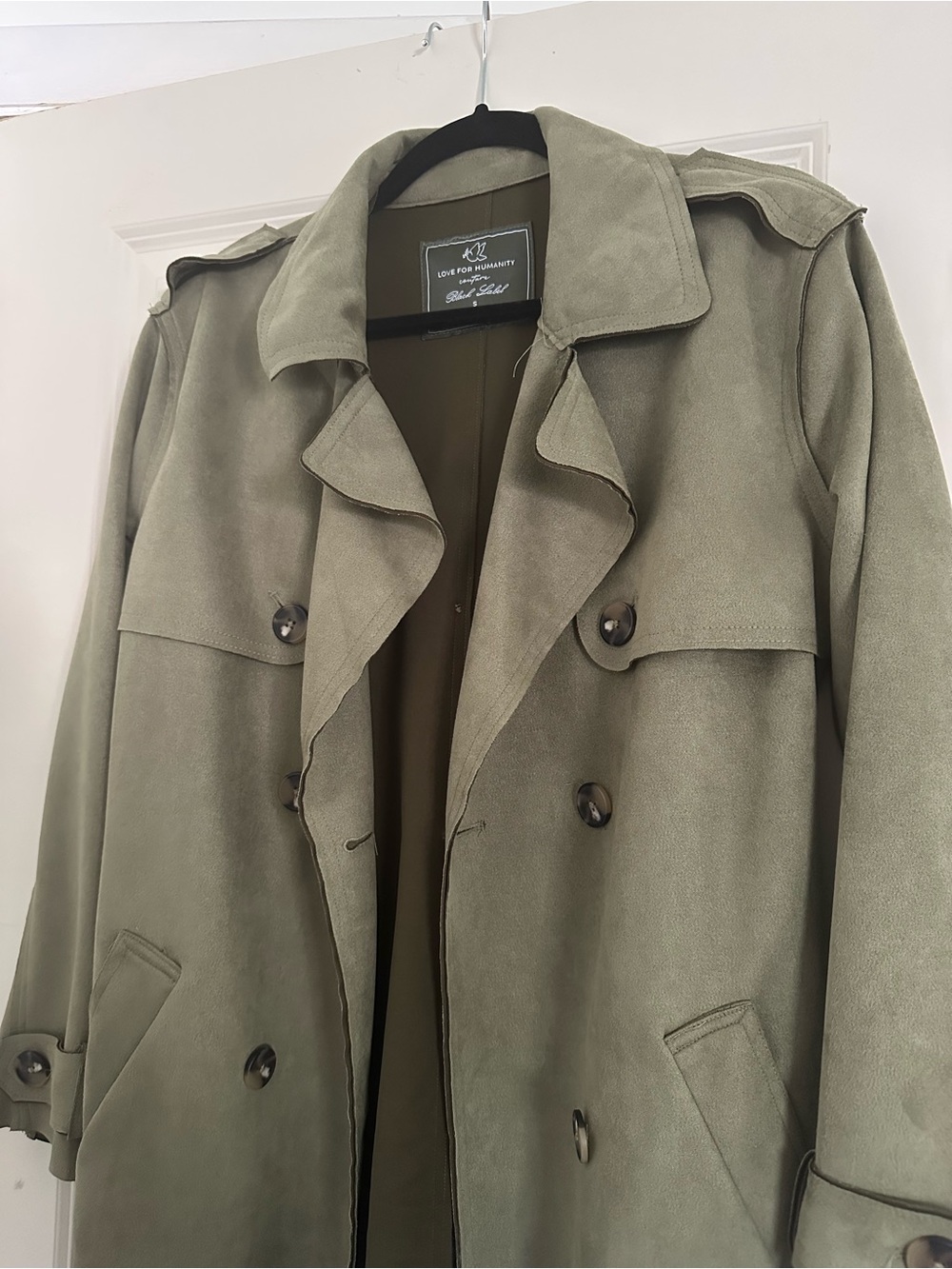 Olive Green Suede Trench Coat - Double-Breasted Detail - Picture 2 of 4